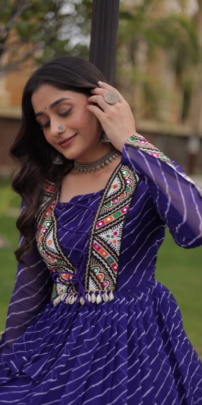 Shiny Purple Faux Georgette Laheriya Print Work Gown
