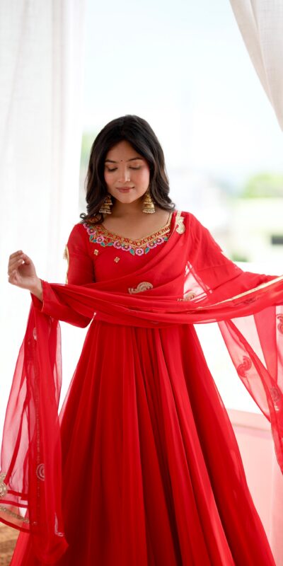 Shiny Red Faux Georgette Sequins Work Gown