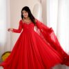 Shiny Red Faux Georgette Sequins Work Gown