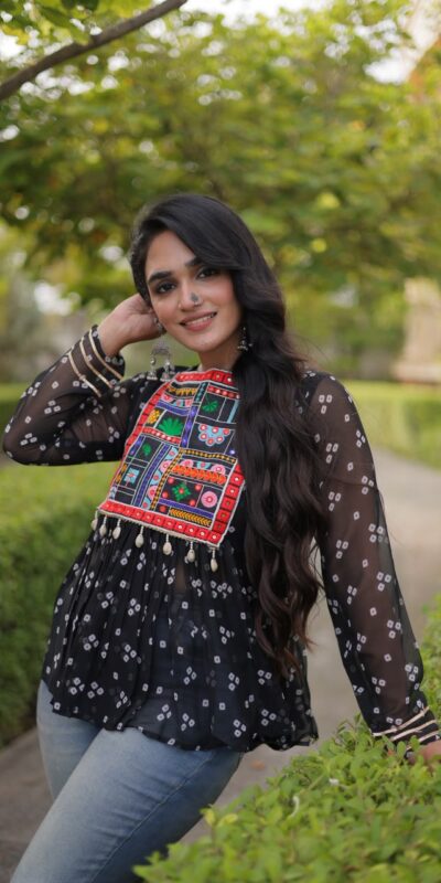 Solid Black Faux Georgette Gamthi Bandhni Work Kurti