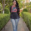Solid Black Faux Georgette Gamthi Bandhni Work Kurti