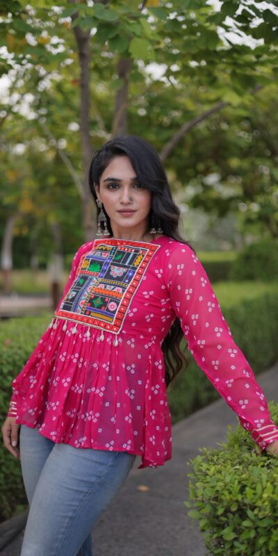 Solid Pink Faux Georgette Gamthi Bandhni Work Kurti