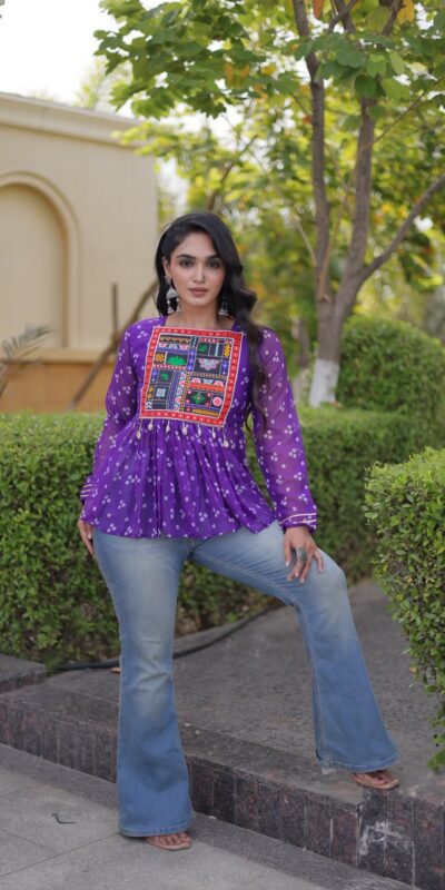 Solid Purple Faux Georgette Gamthi Bandhni Work Kurti