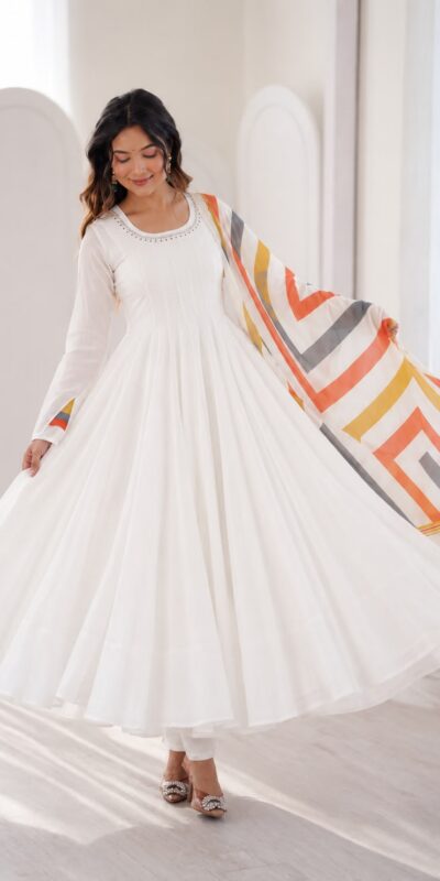 Solid White Mal Cotton Embroider Work Salwar Suit