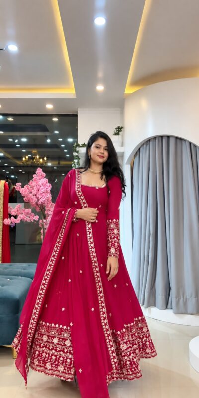 Stunning Pink Crunchy Silk Embroidery Work Gown