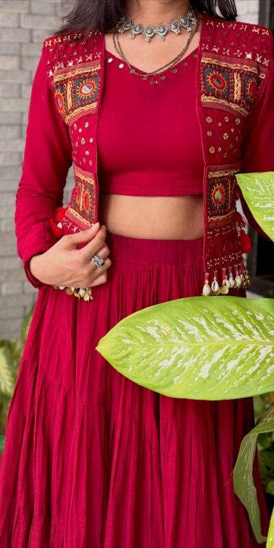 Stylist Maroon Kora Cotton Embroidery Work Lehenga Choli