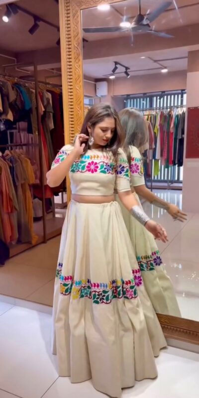 Stylist White Kora Cotton Embroidery Work Lehenga Choli