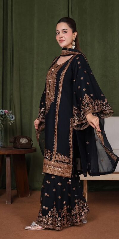 Super Black Fendy Silk Sequins Work Salwar Suit