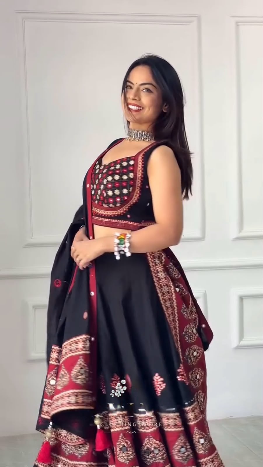 Super Black Printed Roman Mirror Work Lehenga Choli