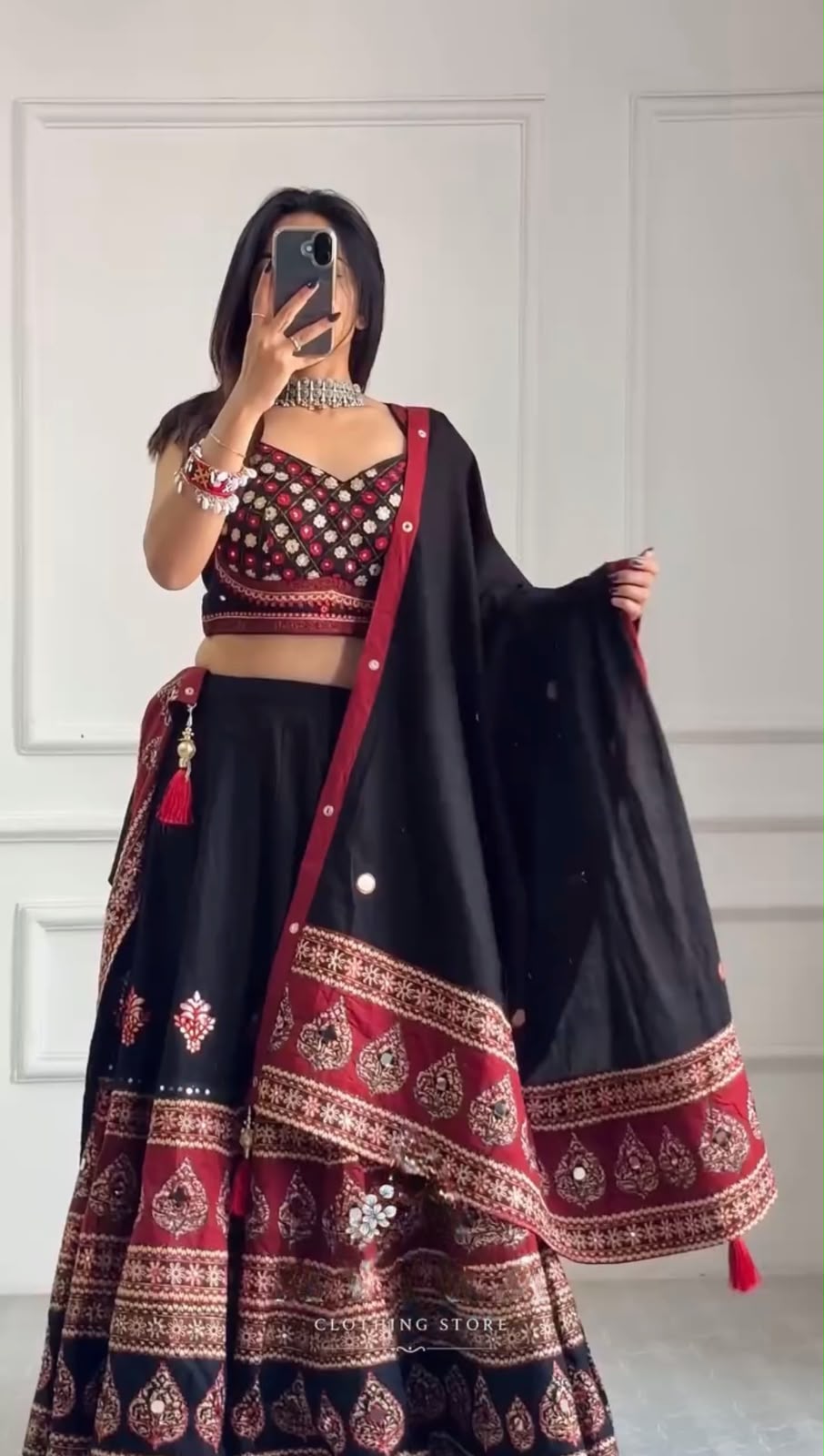 Super Black Printed Roman Mirror Work Lehenga Choli