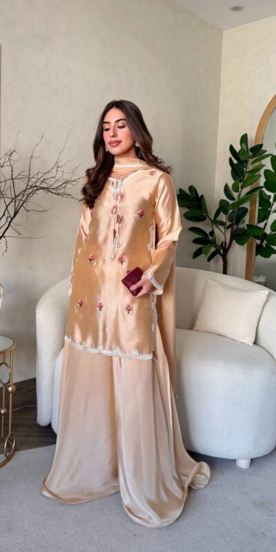 Super Cream Japan Satin With Embroidery Work Salwar Suit