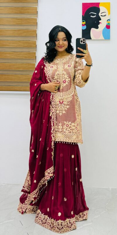 Super Maroon Crunchy Silk Embroidery Work Salwar Suit