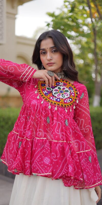 Super Pink Kora Cotton Kutchi Gamthi Work Lehenga Choli