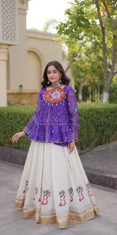 Super Purple Kora Cotton Kutchi Gamthi Work Lehenga Choli