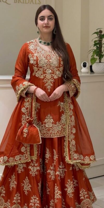 Super Rust Natural Silk Sequins Work Salwar Suit