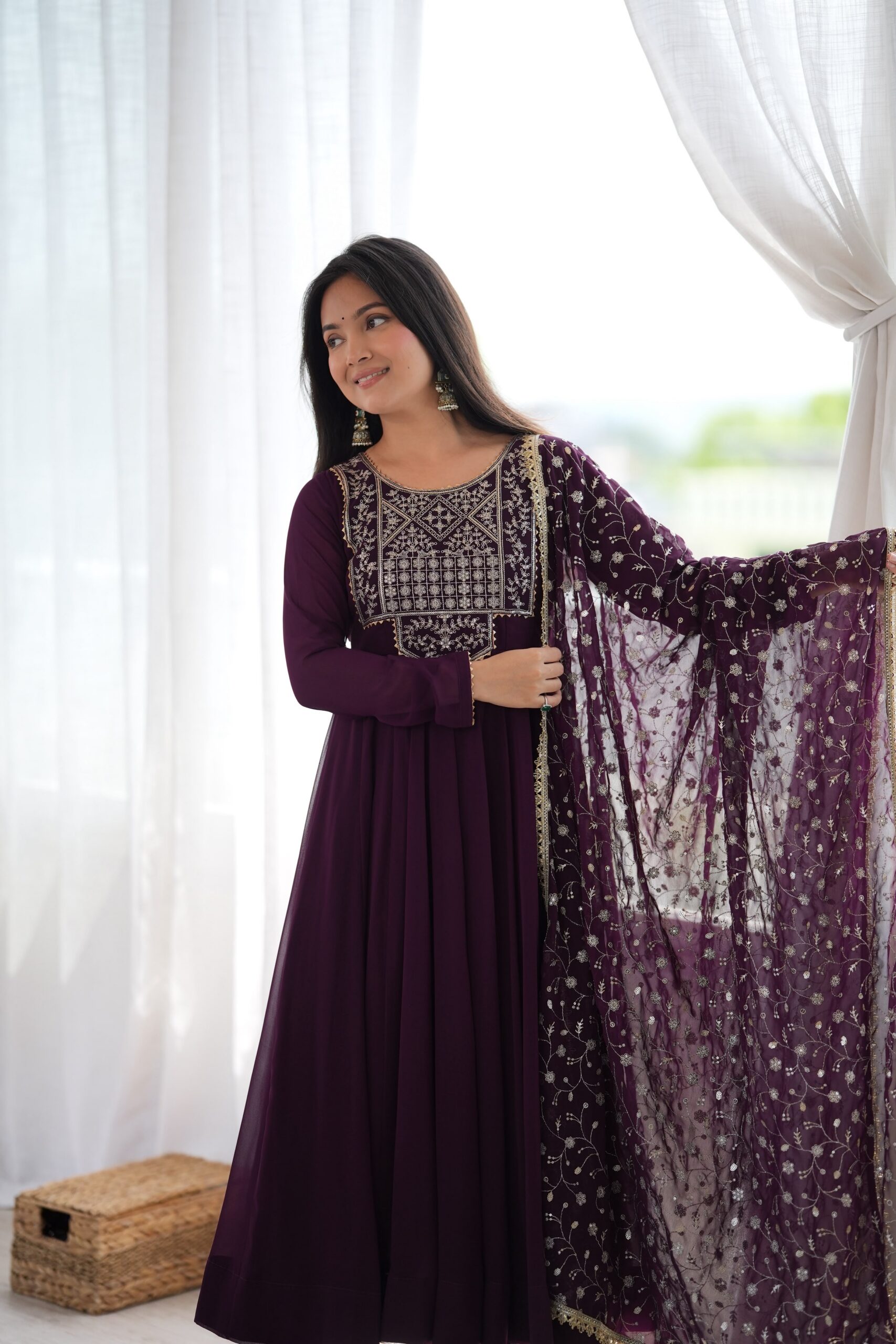 Super Wine Blooming Faux Georgette Embroider Work Anarkali Suit