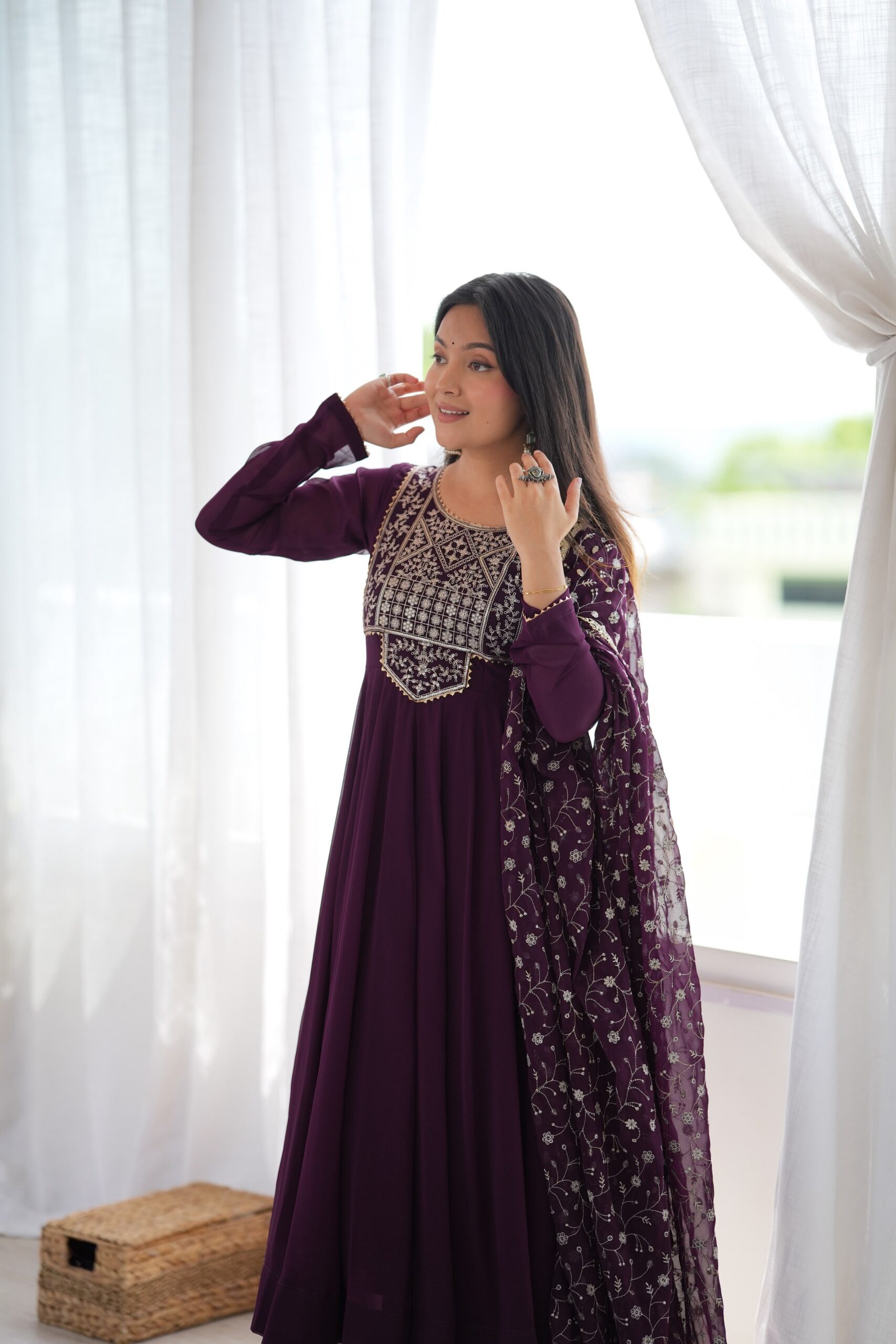 Super Wine Blooming Faux Georgette Embroider Work Anarkali Suit
