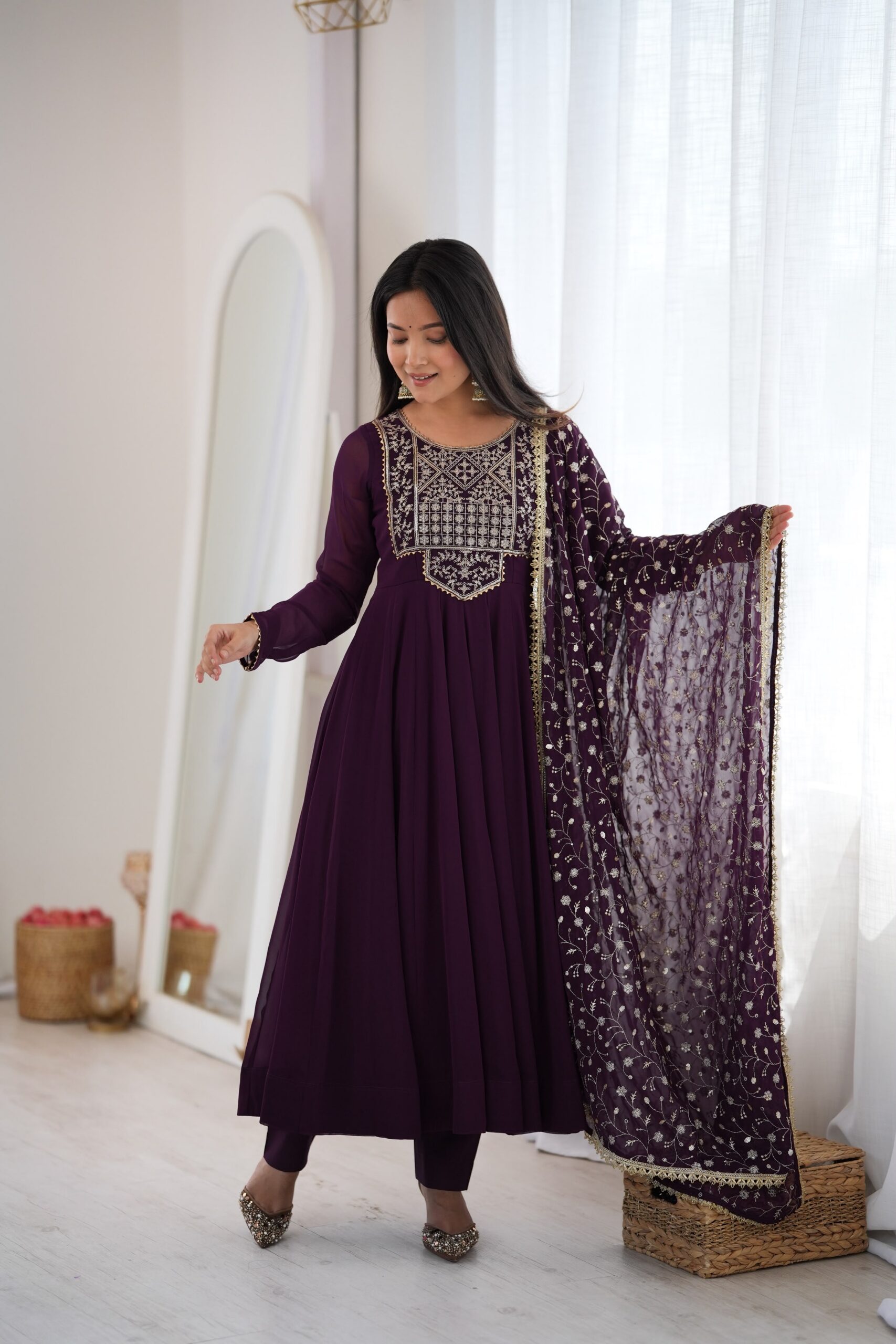 Super Wine Blooming Faux Georgette Embroider Work Anarkali Suit
