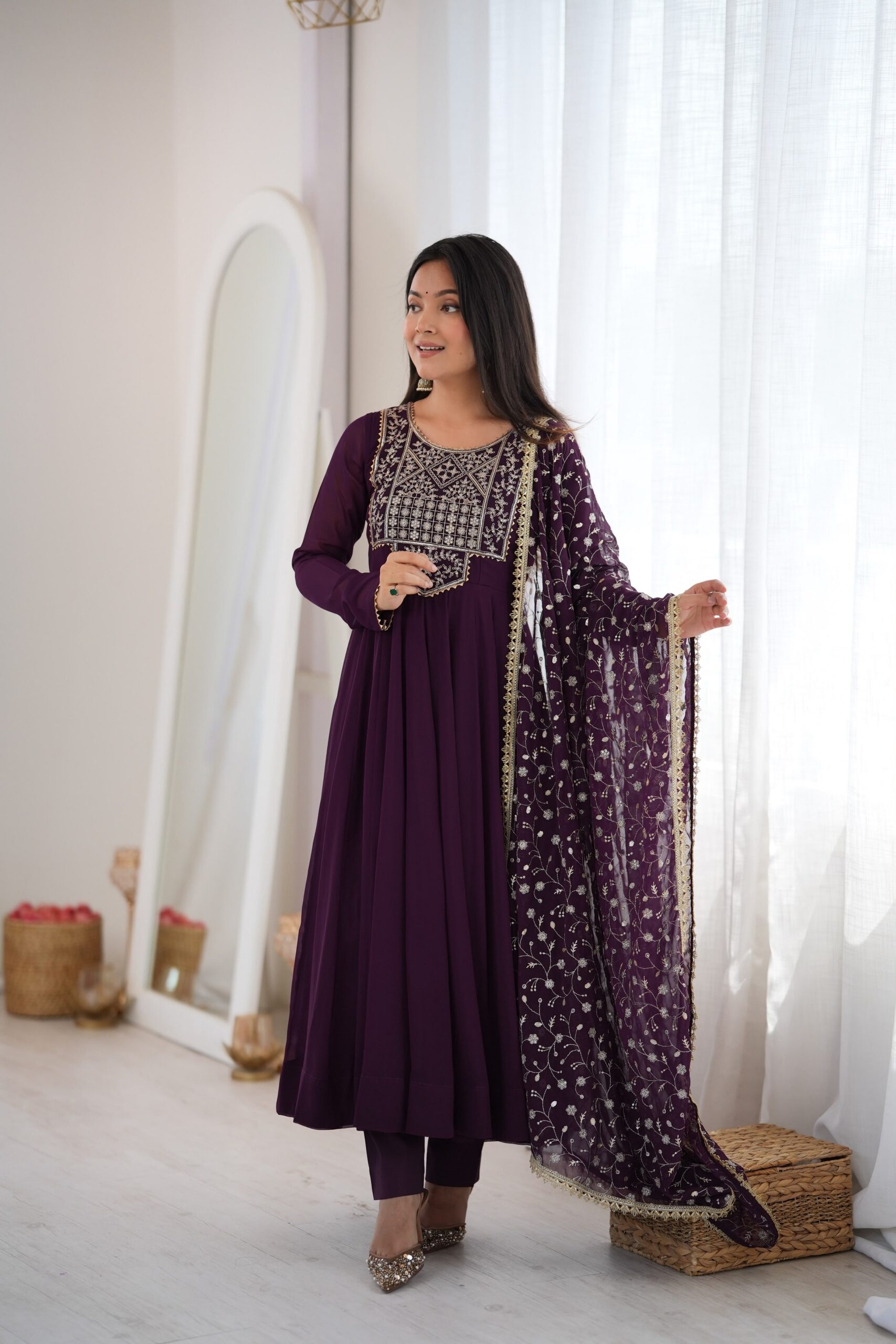 Super Wine Blooming Faux Georgette Embroider Work Anarkali Suit
