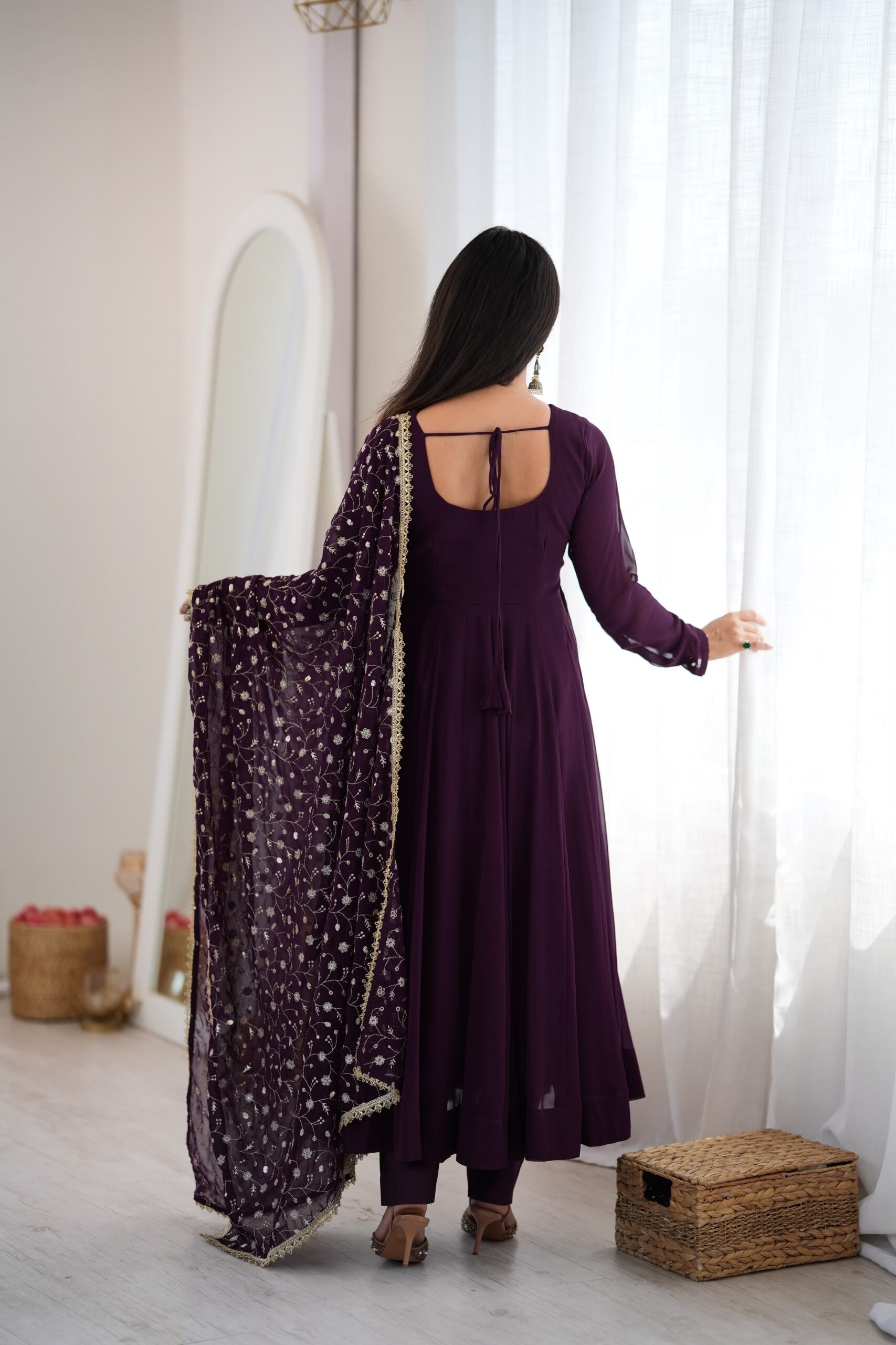 Super Wine Blooming Faux Georgette Embroider Work Anarkali Suit