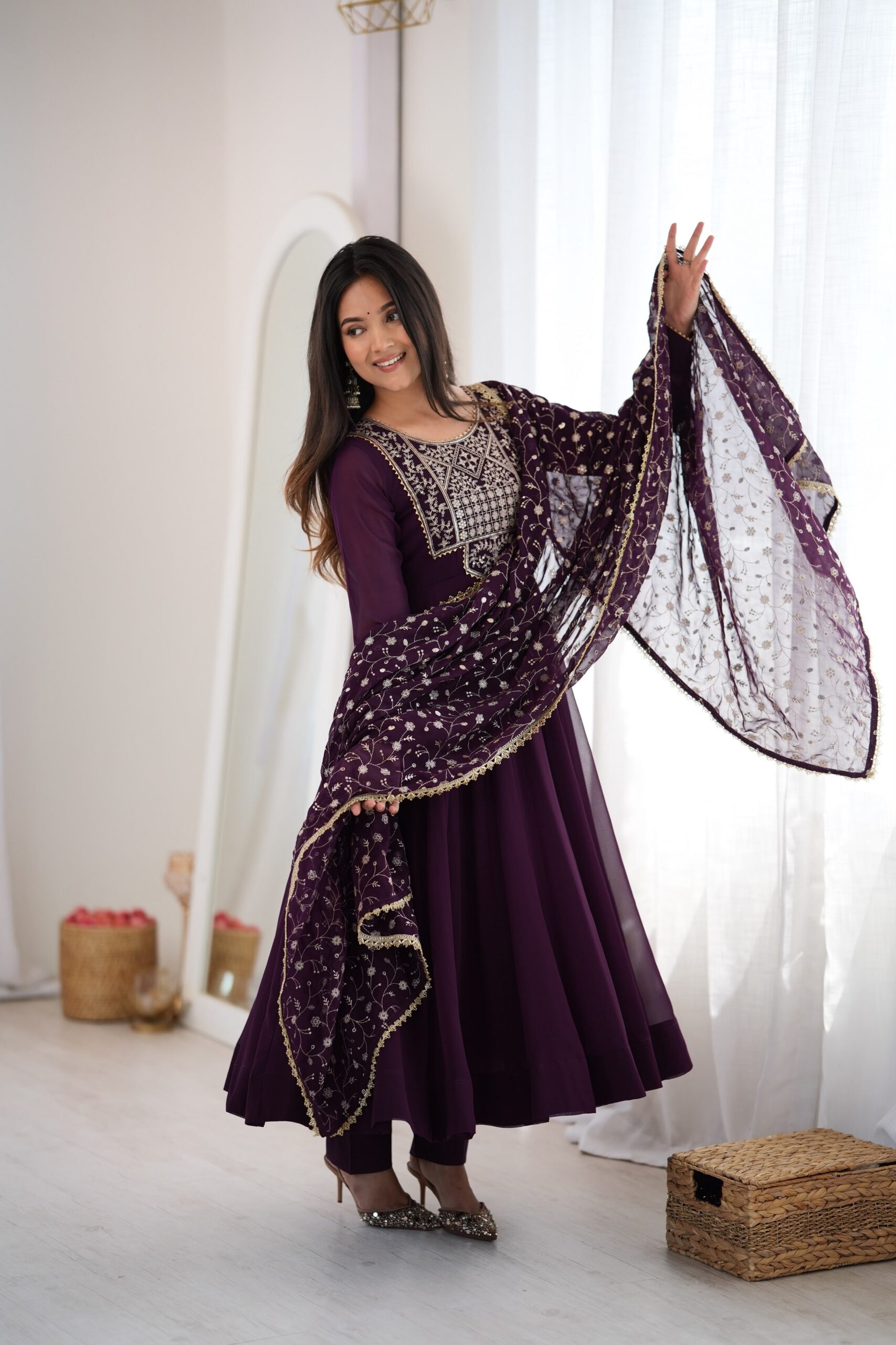 Super Wine Blooming Faux Georgette Embroider Work Anarkali Suit