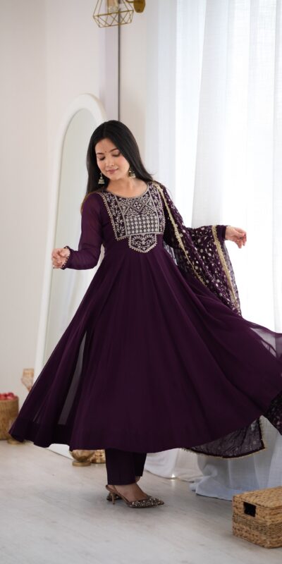 Super Wine Blooming Faux Georgette Embroider Work Anarkali Suit