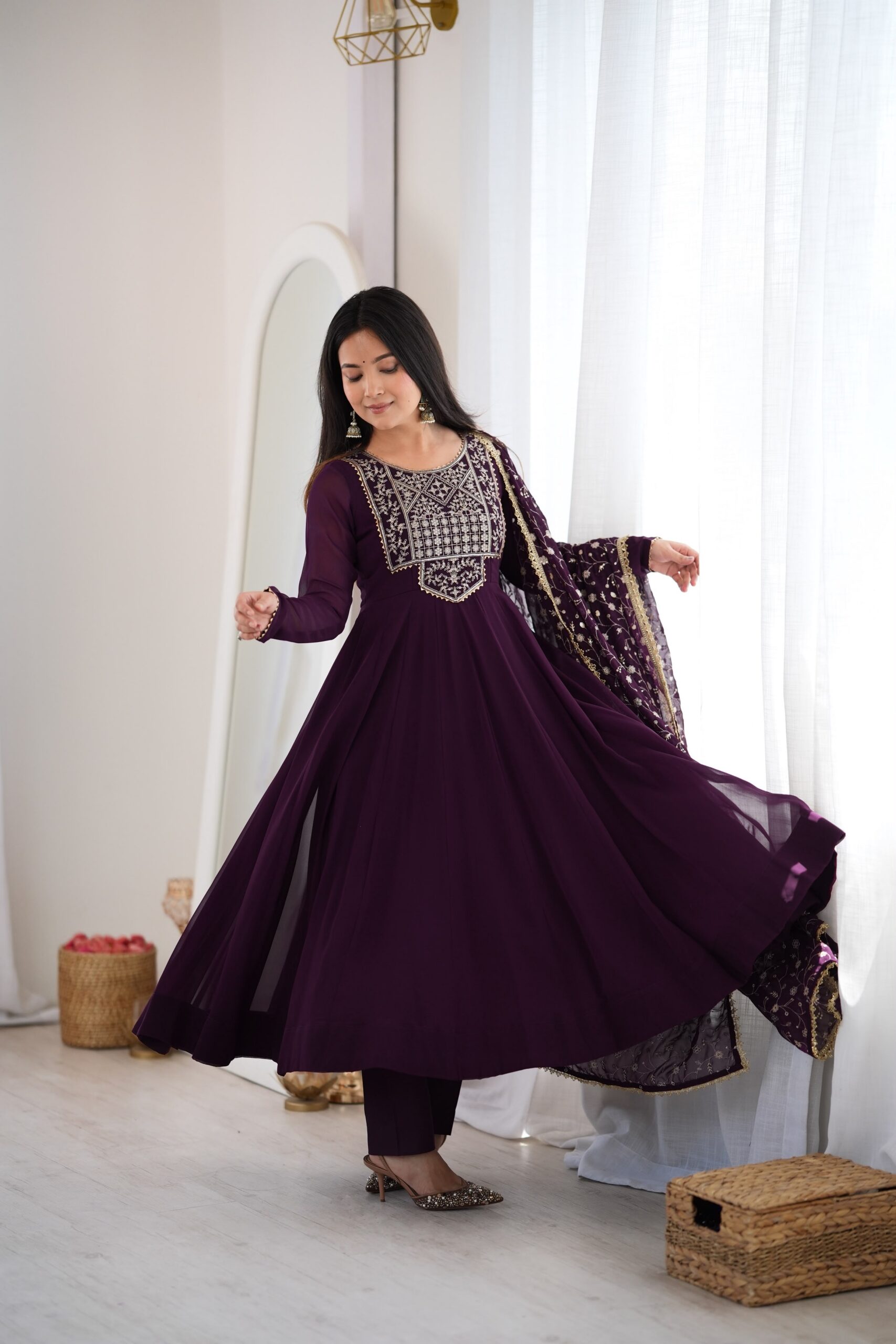 Super Wine Blooming Faux Georgette Embroider Work Anarkali Suit