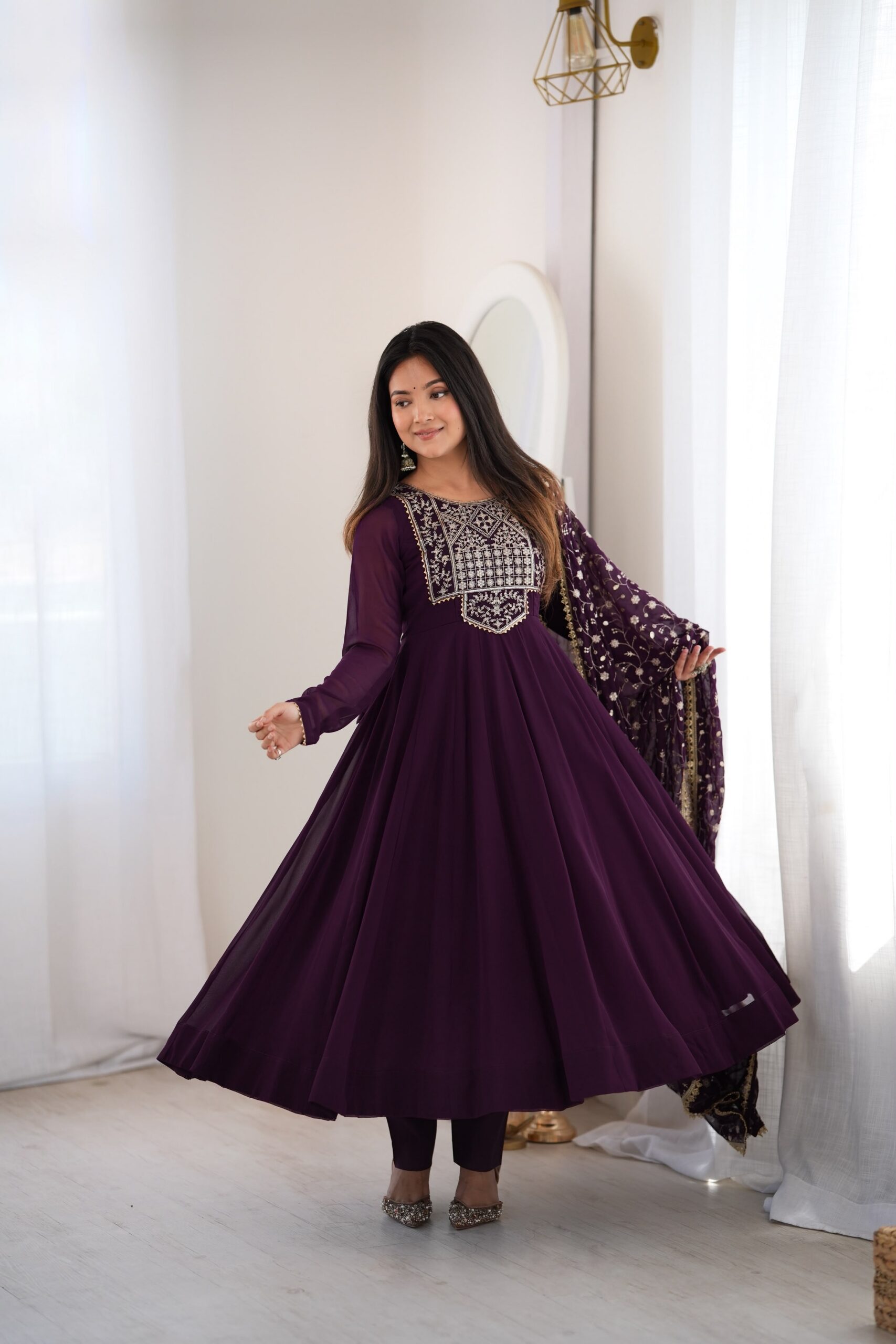 Super Wine Blooming Faux Georgette Embroider Work Anarkali Suit