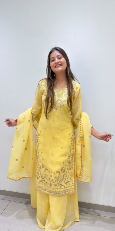 Super Yellow Crunchy Silk Embroidery Work Salwar Suit