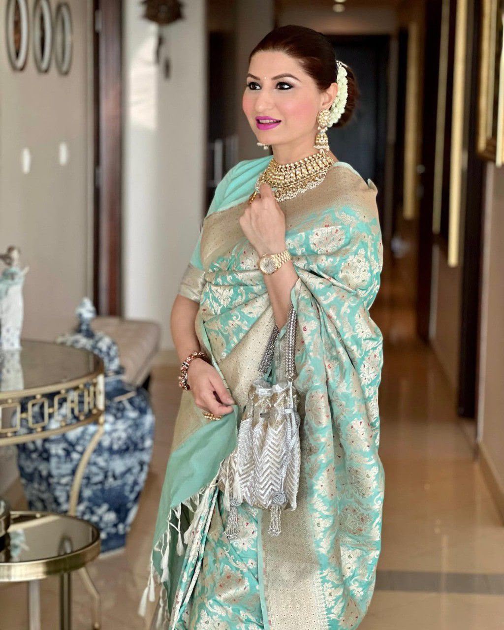 Traditional Sea Green Soft Lichi Silk Lace Work Saree
