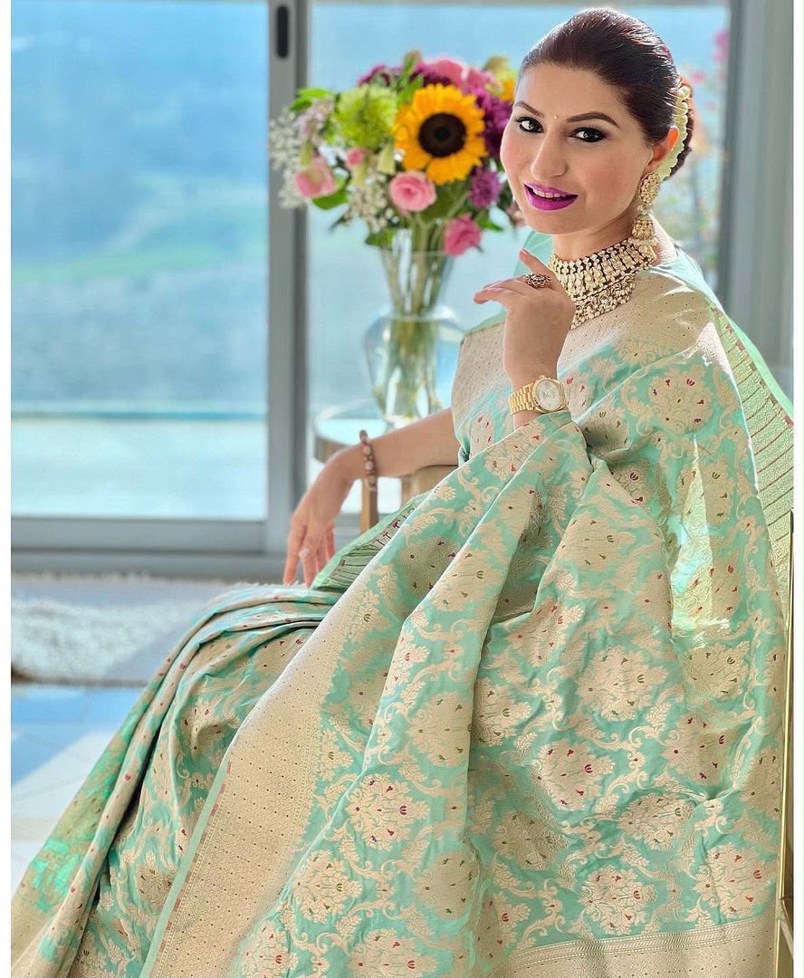 Traditional Sea Green Soft Lichi Silk Lace Work Saree