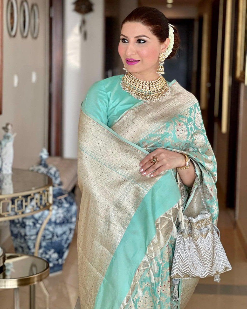 Traditional Sea Green Soft Lichi Silk Lace Work Saree
