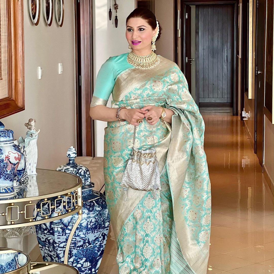 Traditional Sea Green Soft Lichi Silk Lace Work Saree