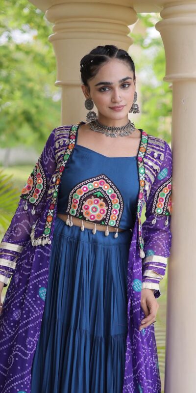 Trendy Navy Blue Rayon Patch Work Work Lehenga Choli