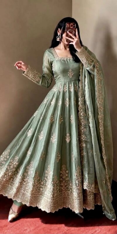 Trendy Pista Fendy Silk Embroidery Work Gown