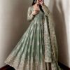 Trendy Pista Fendy Silk Embroidery Work Gown