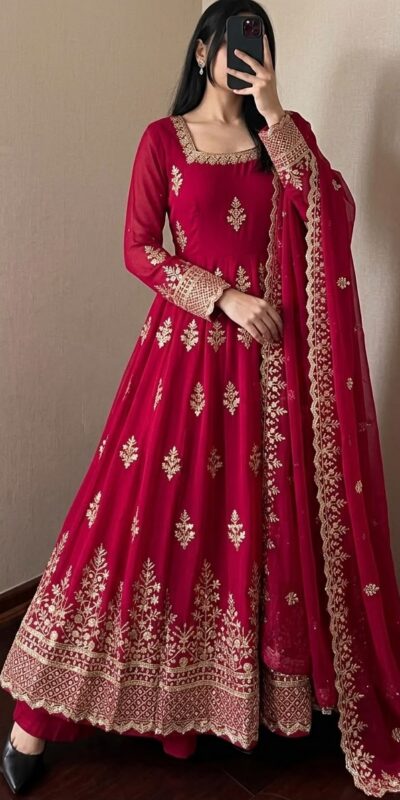 Trendy Red Fendy Silk Embroidery Work Gown