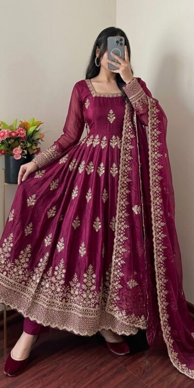 Trendy Wine Fendy Silk Embroidery Work Gown