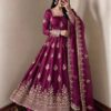Trendy Wine Fendy Silk Embroidery Work Gown