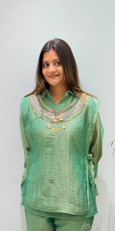 Unique Pista Salsa Silk Butti Hand Work Kurti