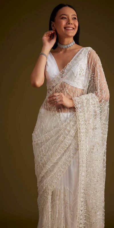 Unique White Butterfly Net Embroidery Saree