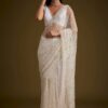 Unique White Butterfly Net Embroidery Saree