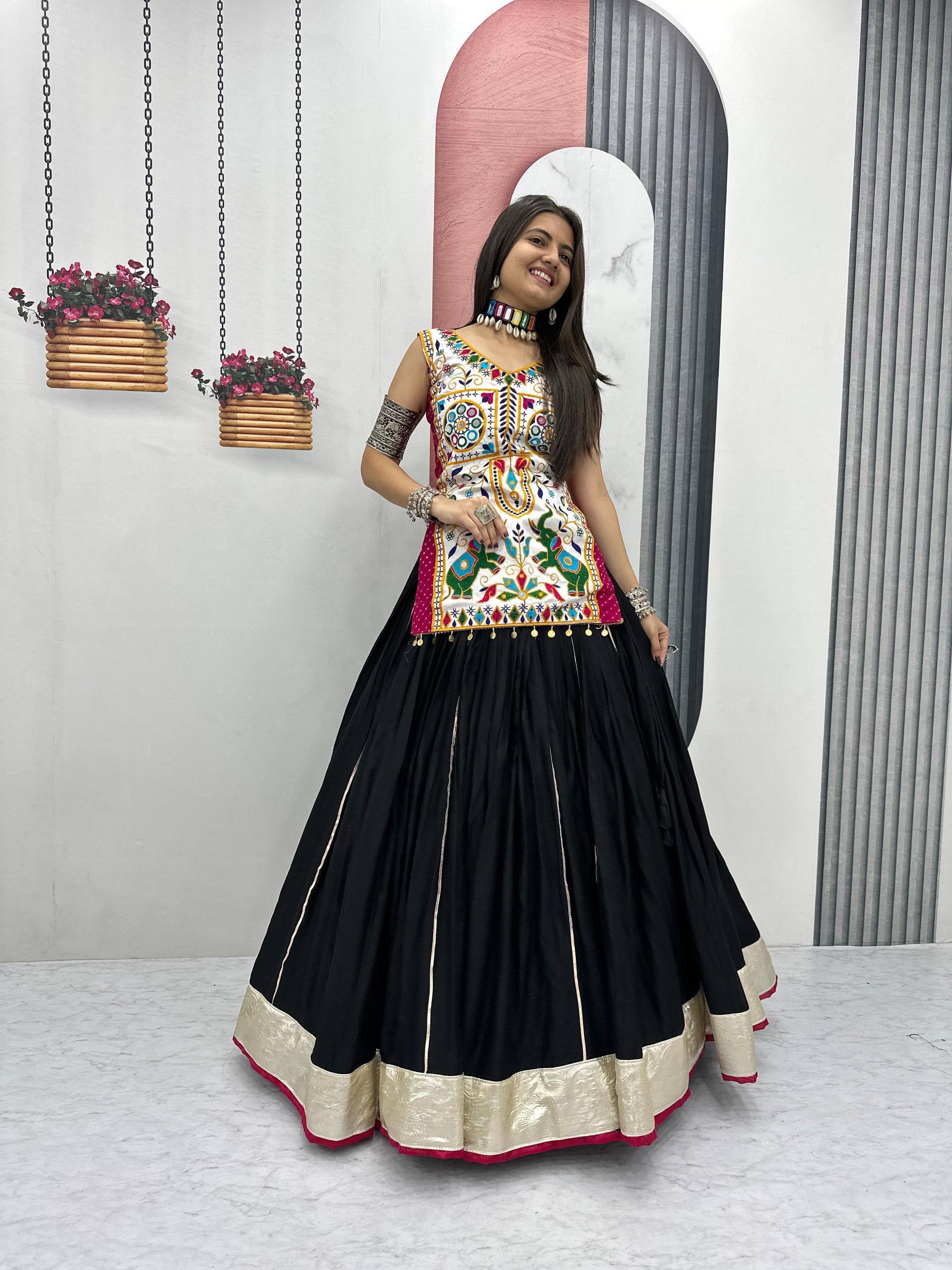 PC N43 Black in Pure Cotton Mirror Work & Gamthi Work Lehenga Choli . Exclusive Offer ₹2949. Delivery 4-6 Working Days. Shop now. | Lehenga, Bollywood Lehenga, Creative Lehenga, Designer Lehenga, Embroidered Lehenga, Party Wear Lehenga