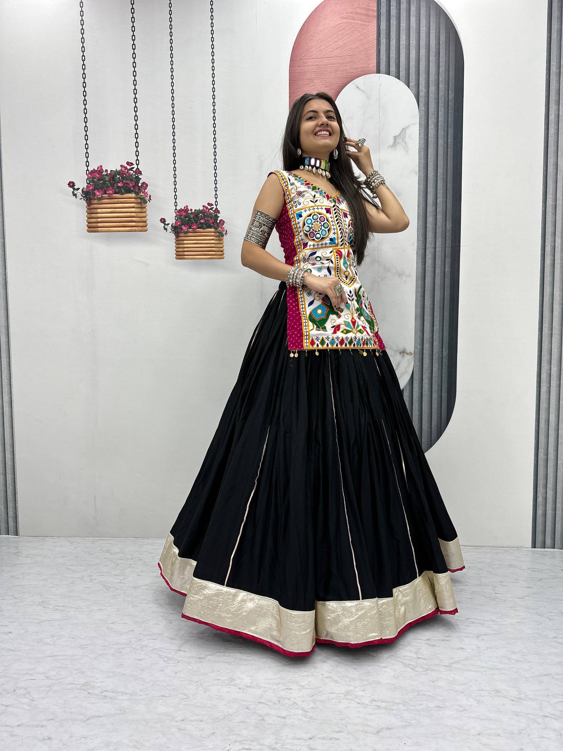 PC N43 Black in Pure Cotton Mirror Work & Gamthi Work Lehenga Choli . Exclusive Offer ₹2949. Delivery 4-6 Working Days. Shop now. | Lehenga, Bollywood Lehenga, Creative Lehenga, Designer Lehenga, Embroidered Lehenga, Party Wear Lehenga