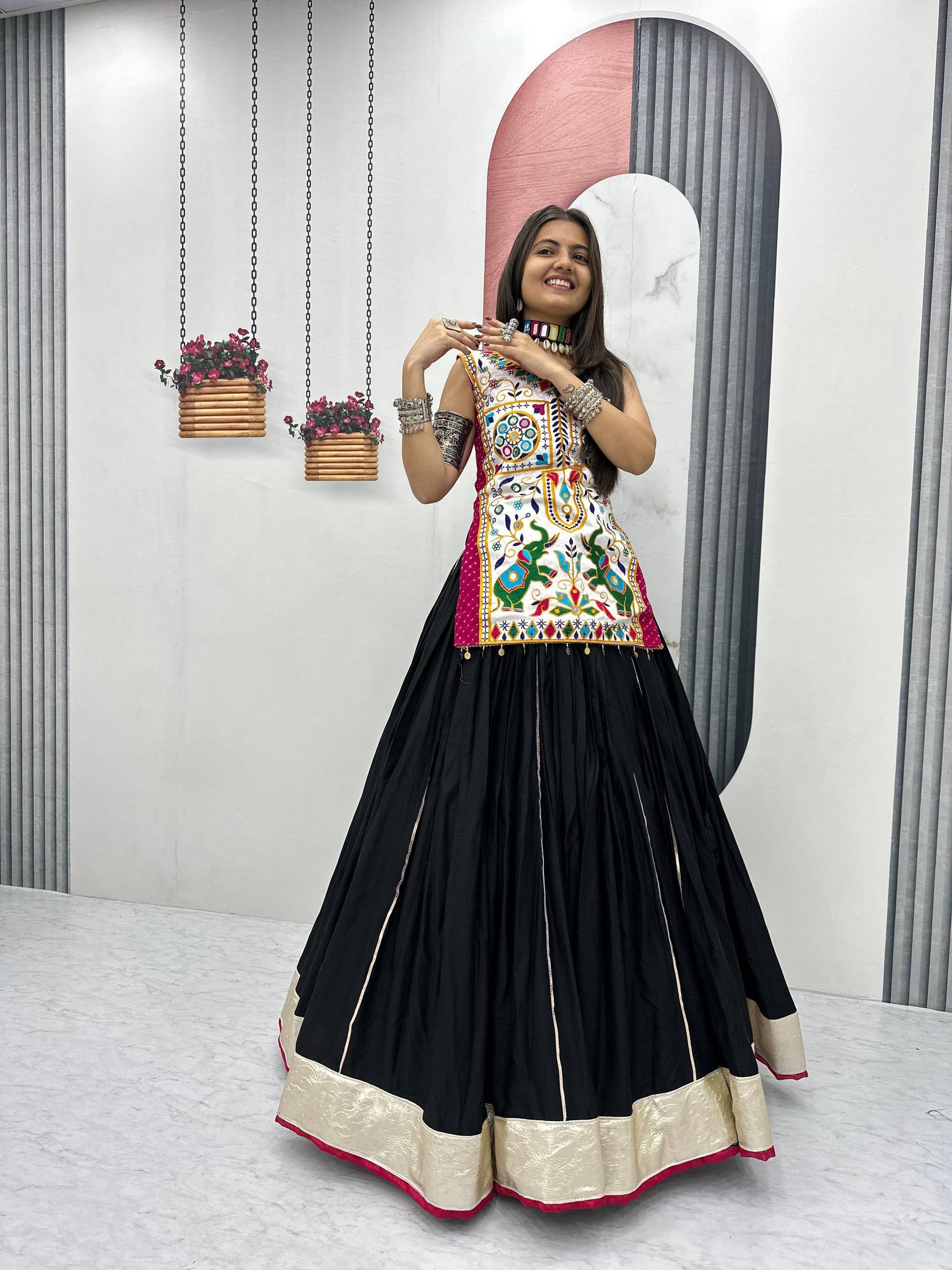 PC N43 Black in Pure Cotton Mirror Work & Gamthi Work Lehenga Choli . Exclusive Offer ₹2949. Delivery 4-6 Working Days. Shop now. | Lehenga, Bollywood Lehenga, Creative Lehenga, Designer Lehenga, Embroidered Lehenga, Party Wear Lehenga