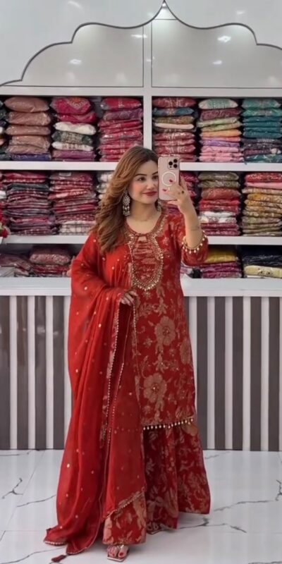 ST 1207 Red Faux Georgette Salwar Suit with Embroidery Work. Available at ₹2949 only. Delivery 4-6 Working Days. Shop now. | Jump Suits, Tops & Bottoms, Track Suits, Salwar suit, Casual Suits, Creative suits, Designer Suits, Palazzo Suits, Party Wear Suits, Patiala Suits, Straight Suits, Trendy Wear