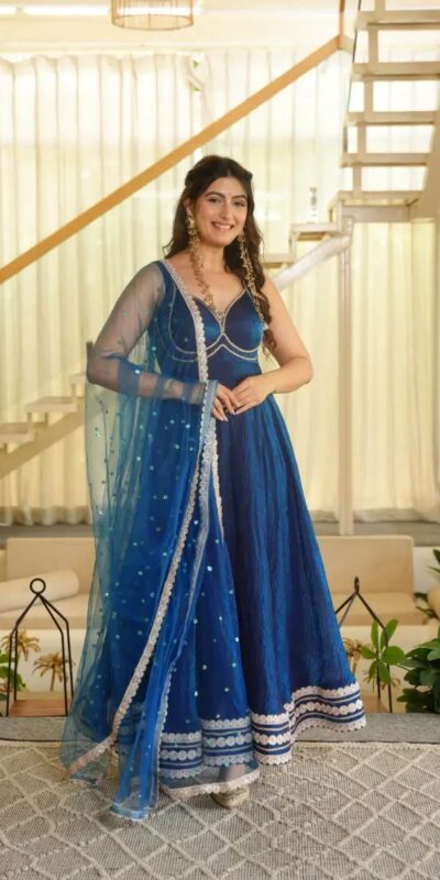 KD 1644 Blue Fendy Silk Gown with Embroidery Work & Sequins Work. Special Price ₹2849. Delivery 4-6 Working Days. Shop now. | Gowns, Bollywood Gowns, Creative Gowns, Designer Gowns, Embroidered Gowns, Party Wear Gowns