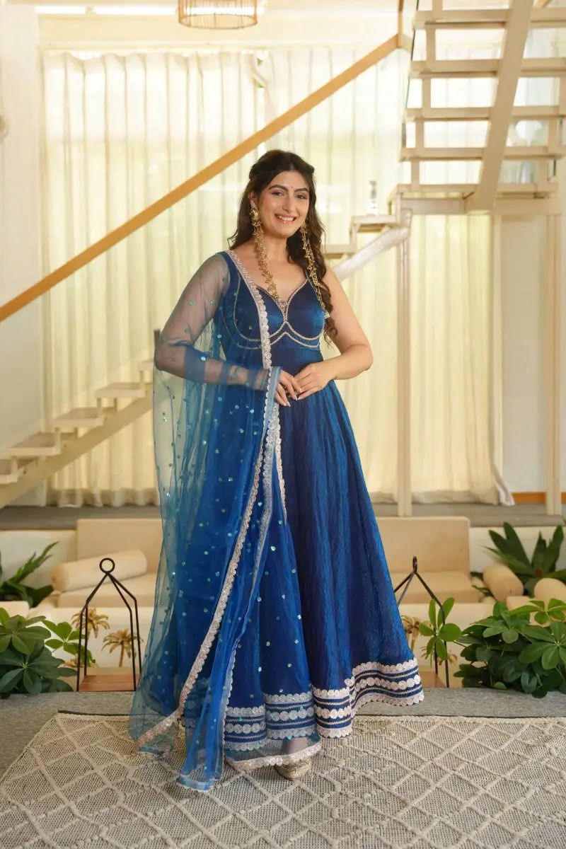 KD 1644 Blue Fendy Silk Gown with Embroidery Work & Sequins Work. Special Price ₹2849. Delivery 4-6 Working Days. Shop now. | Gowns, Bollywood Gowns, Creative Gowns, Designer Gowns, Embroidered Gowns, Party Wear Gowns