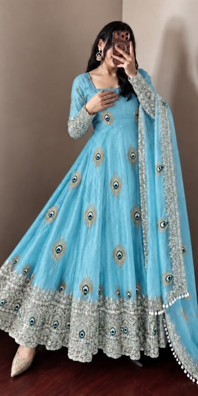 SRK 5372 Blue Fendy Silk Gown with Embroidery Work & Sequins Work. Special Price ₹2799. Delivery 4-6 Working Days. Shop now. | Gowns, Bollywood Gowns, Creative Gowns, Designer Gowns, Embroidered Gowns, Party Wear Gowns