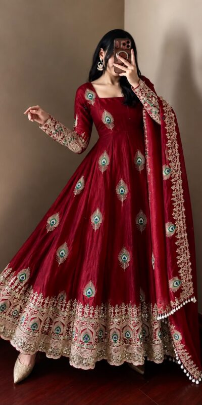 SRK 5372 Maroon Fendy Silk Gown with Embroidery Work & Sequins Work. Special Price ₹2799. Delivery 4-6 Working Days. Shop now. | Gowns, Bollywood Gowns, Creative Gowns, Designer Gowns, Embroidered Gowns, Party Wear Gowns